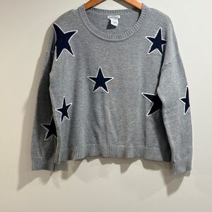 Sweet Romeo Women's Heather Gray Sweater with Dark Blue Stars Size L